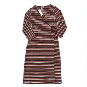 NWT Francesca's Alya Brown/Rust/Ivory/Teal Striped Ribbed Knit Wrap Dress